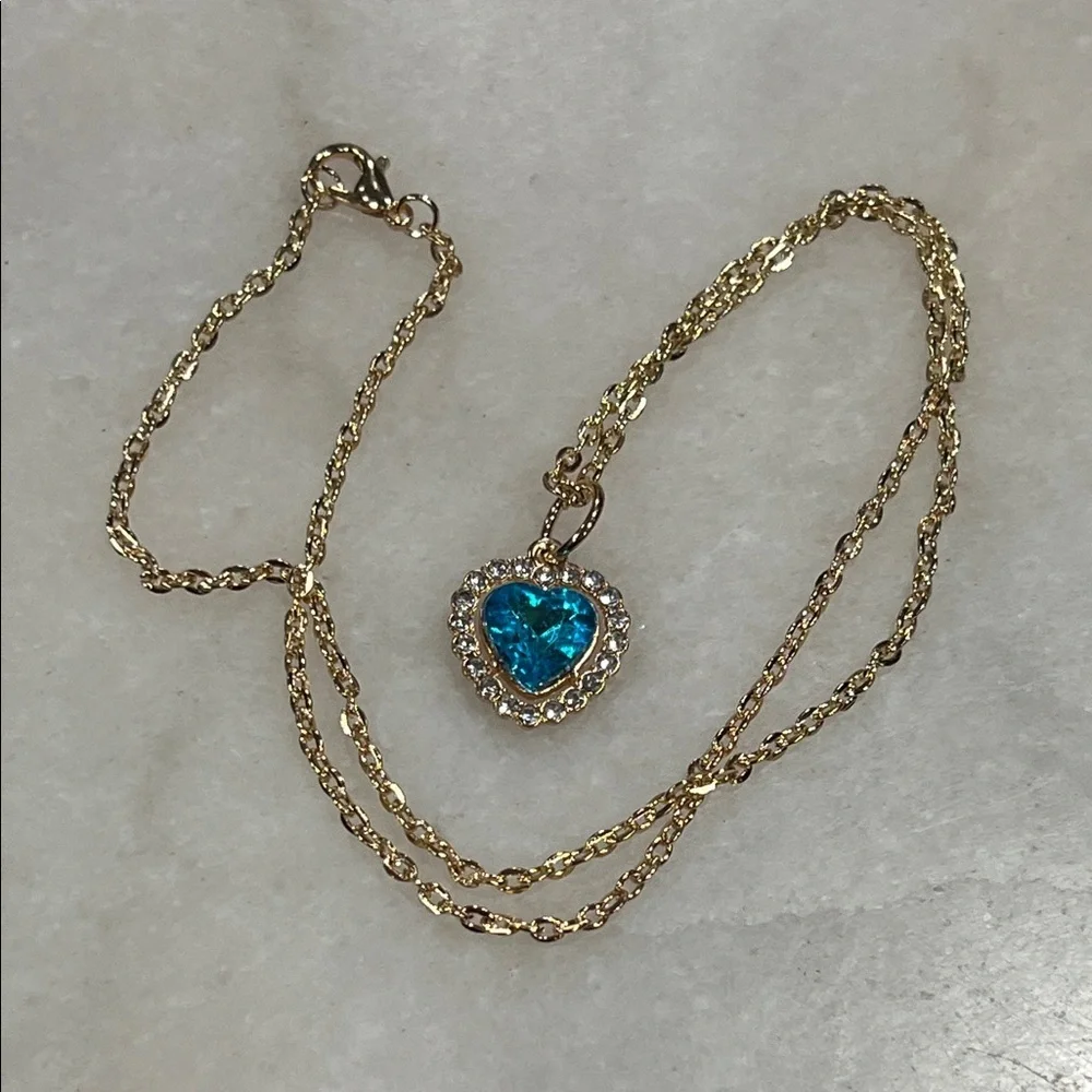 Blue Crystal Heart Pendant Necklace Princess Romantic Everyday Jewelry